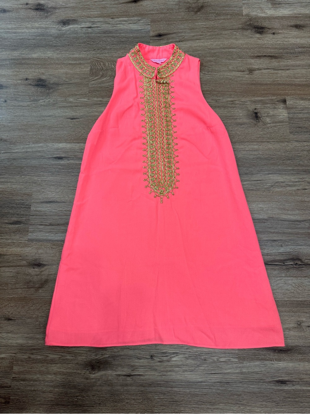 Lilly Pulitzer Neon Coral Sleeveless A-Line Dress with Gold Embroidery